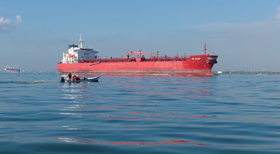 Oil tanker crossing the bridge over Lake Maracaibo